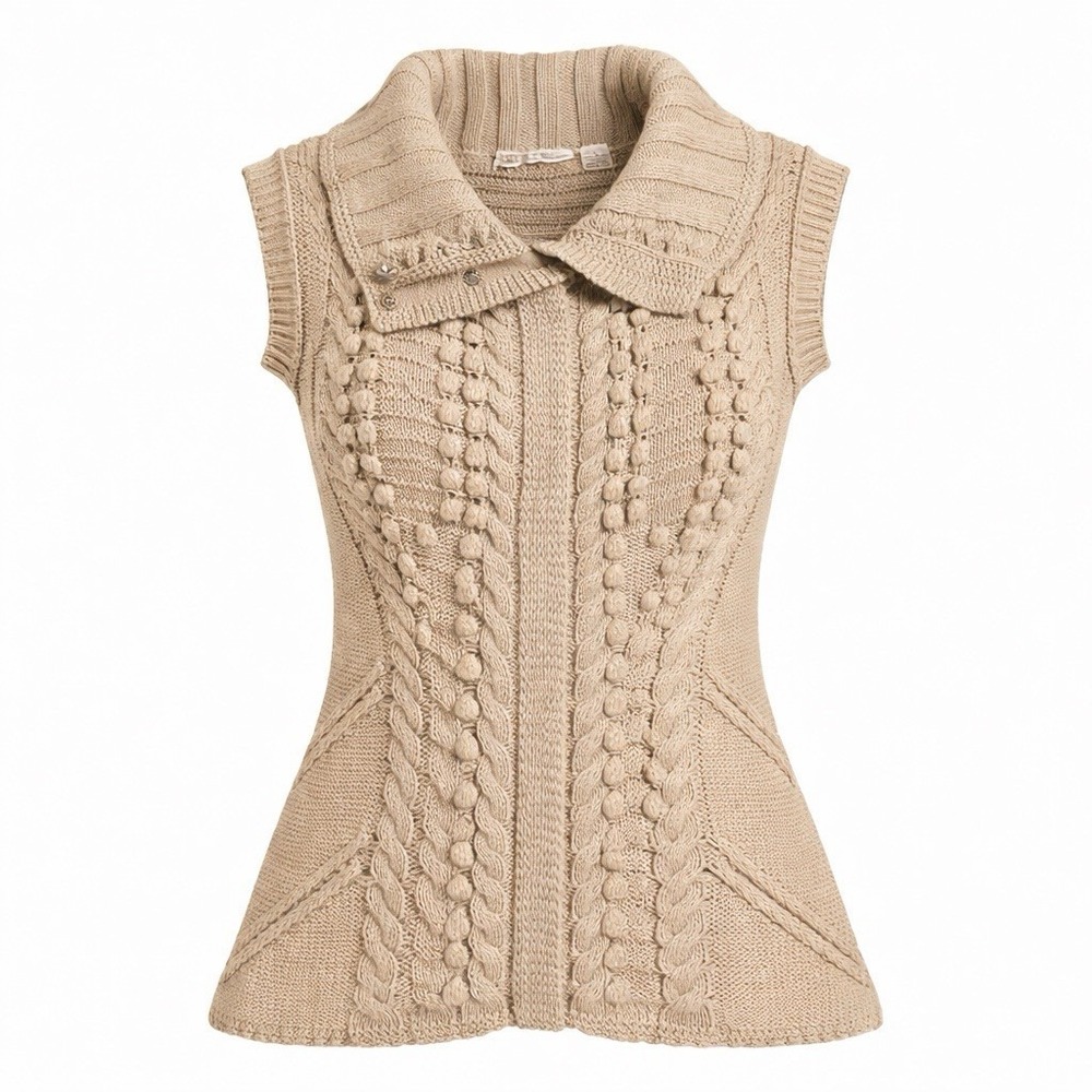 Cotton by Autumn Cashmere Snap‎ FrontCable Knit Bobble Sweater Vest Beige Small